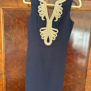 Lilly Pulitzer Blue and Gold-Embellished Sheath Midi Dress